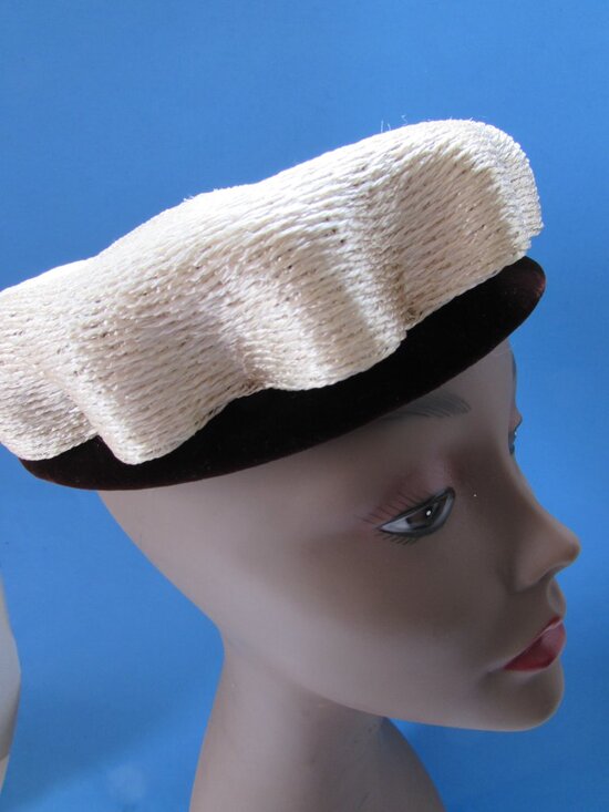 Handsome Vintage Hat White Wavy Crown Brown Velvet Brim